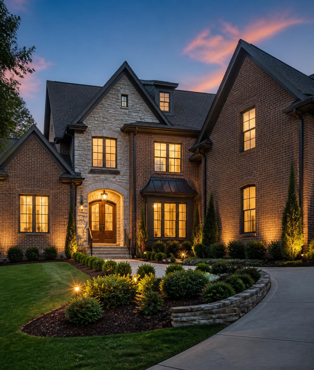 Illuminated brick and stone home at dusk in Charlotte, North Carolina